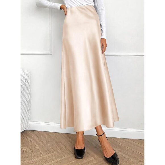 Women Champagne Maxi Dressy Casual Zipped High Waisted Silk Elegant Long Skirt - Picture 7 of 7